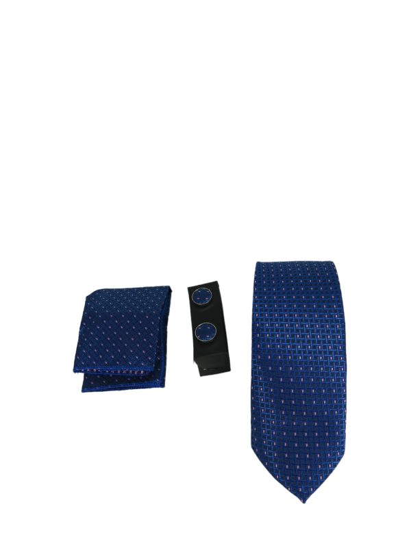 PRIVATO 192-Σ Σετ Ανδρική Γραβάτα Με Μαντίλι Και Μανικετόκουμπα Μπλε Ρουά Με Ροζ Στάλες 6